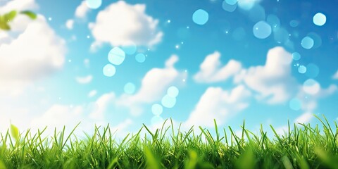 Obraz premium Vibrant lush green grass in the foreground with a bright blue sky filled with fluffy white clouds and soft glowing bokeh lights in the background