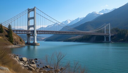Obraz premium Golden suspension bridge over a calm blue river in mountains