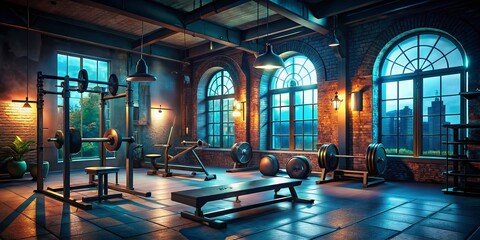 Dark Atmospheric Gym Interior: Weights, Benches & Arched Windows - Night Photography Stock Photo