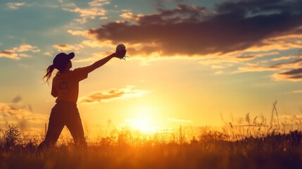 Fototapeta premium Silhouette of girl pitching softball at sunset.