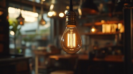 Glowing Edison bulb hanging in a cafe.