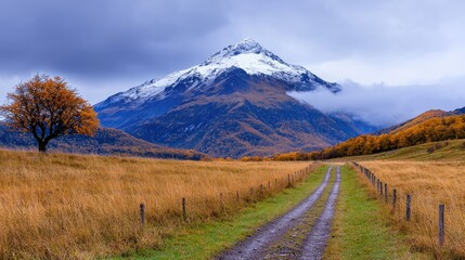 Naklejka premium Autumnal mountain road, snow-capped peak, golden field