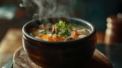 Steaming bowl of hearty soup with vegetables and spices.