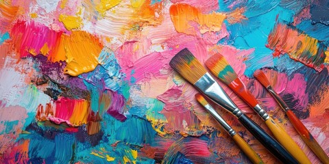 Colorful artist palette with vibrant strokes in shades of blue, pink, orange, and purple, featuring paintbrushes at the bottom right corner.