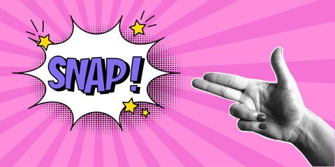 Halftone collage, women's hand gesture in the shape of a gun, speech bubble with expressive inscriptions snap, explosion in a comic style. Pop art retro banner, two fingers, arm