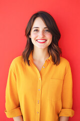 Obraz premium A woman in a yellow shirt is smiling and posing for a photo