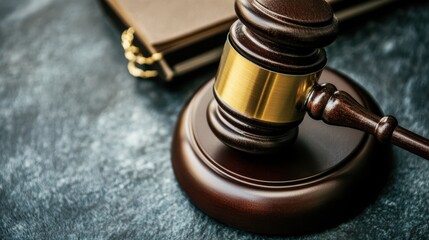 A wooden gavel rests on a table beside an open book, symbolizing authority and knowledge in a professional setting.
