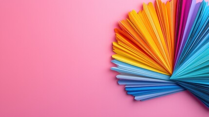 Colorful paper fan on pink background; design, art, creativity concept; website banner