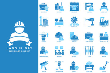 Obraz premium Labor day dual tone blue color icons pack, contain builder, caution, hammer, helmet, worker, meeting, safety and more. use for modern concept UI and UX kit, app and web development. Vector EPS 10.