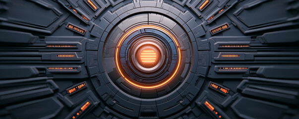 High tech digital vault with glowing locks and intricate design, showcasing futuristic aesthetic. circular structure and illuminated elements create captivating atmosphere