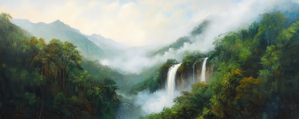 Fototapeta premium A classic painting of a serene waterfall cascading down a lush mountainside, shrouded in mist.