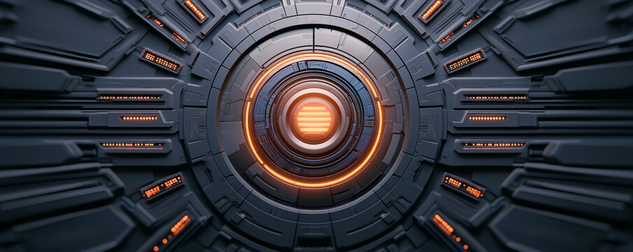 High tech digital vault with glowing locks and intricate design, showcasing futuristic aesthetic. circular structure and illuminated elements create captivating atmosphere