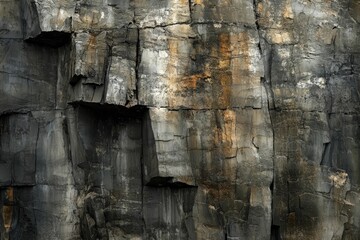 Large, rough, gray rock face with brown stains.
