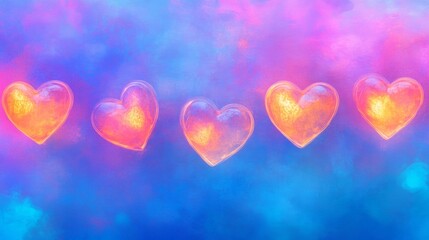 Fototapeta premium Glowing Glass Hearts on a Colorful Background