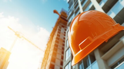 A hard hat is placed on a pole, prominently situated in front of a construction building, signaling safety and work in progress.