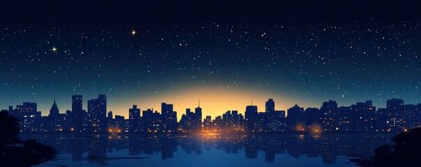 A panoramic view of a city skyline at night, with lights twinkling like stars against the dark sky.