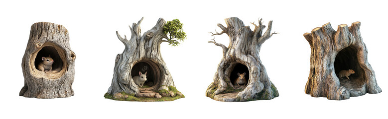Fototapeta premium A 3D hollow tree trunk with an open entrance, perfect for small animals, with a animal inside, on a clean transparant background.