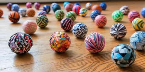 Obraz premium Colorful paper balls in a variety of patterns scattered on a wooden floor creating an engaging artistic scene with vibrant textures and colors.