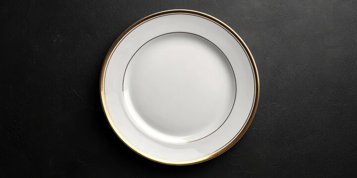 Elegant white plate with a gold rim centered on a dark textured background, showcasing a minimalist design and fine dining aesthetics.