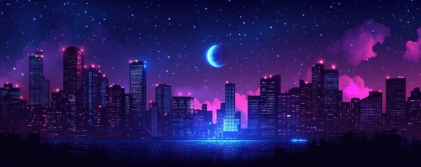 A panoramic view of a city skyline at night, with lights twinkling like stars against the dark sky.