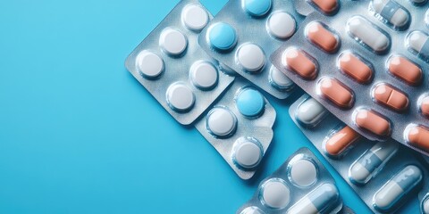 Assorted medicine pills capsules and tablets in foil blister packs on a bright blue background with ample space for text and branding