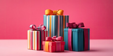 Colorful gift boxes in assorted sizes with ribbons on a pink surface and background showcasing vibrant stripes and solid colors in a closeup view