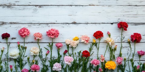 Vibrant carnations in shades of pink red and yellow arranged in the lower right section against aged white wooden background
