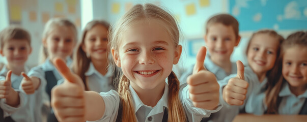 Cheerful group of kids in uniform showing thumbs up, expressing joy and camaraderie in classroom setting. Their smiles reflect happiness and friendship