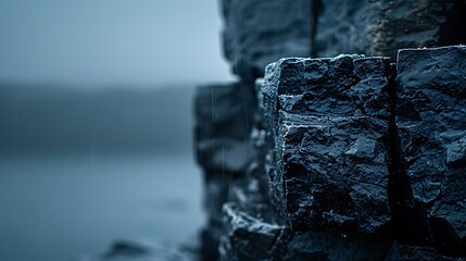 Rain-soaked basalt cliffs, ocean backdrop, misty day, nature photography