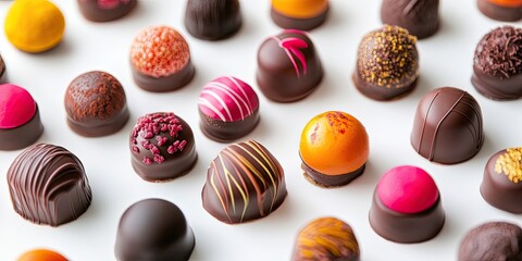 Vibrant assorted chocolate truffles in various colors displayed neatly on a clean white background showcasing rich textures and glossy finishes