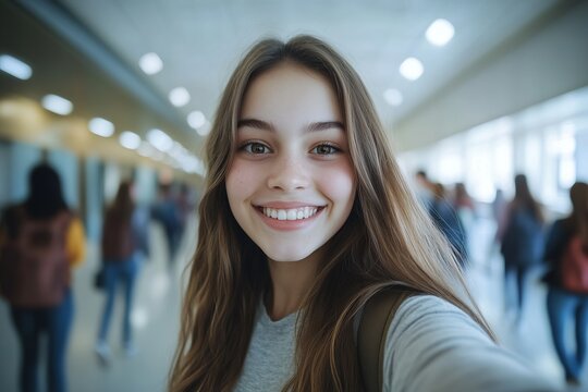 Smiling Teen Girl in School Corridor - A Happy Student Portrait