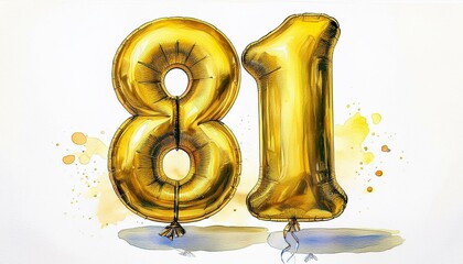 Gold birthday / anniversary party balloon, number 81, watercolor painting with white background