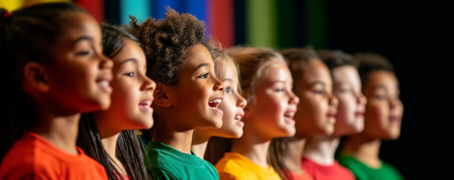 Diverse group of children singing joyfully in school choir performance, showcasing unity and enthusiasm. Their colorful shirts add vibrancy to scene