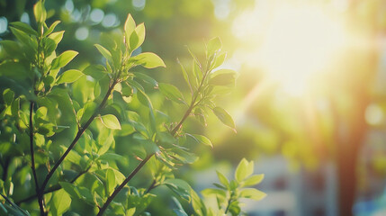 Obraz premium Bright green leaves basking in sunlight on a clear sunny day in a tranquil garden setting