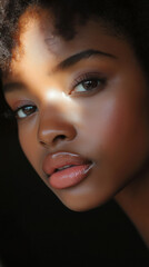 Fototapeta premium A beautiful close-up portrait of a woman with glowing dark skin, illuminated by a warm, natural light. Her glossy lips and defined features radiate elegance and confidence, capturing a moment of seren