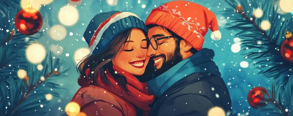 Portrait of a happy couple in cozy winter clothing, festive backdrop.
