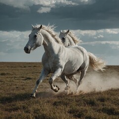 Obraz premium A pair of white horses running free on a wide open plain.