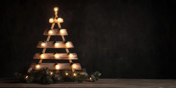 Wooden Christmas tree structure with warm white lights on dark background, decorated with green pine branches at base, creating a cozy ambiance.