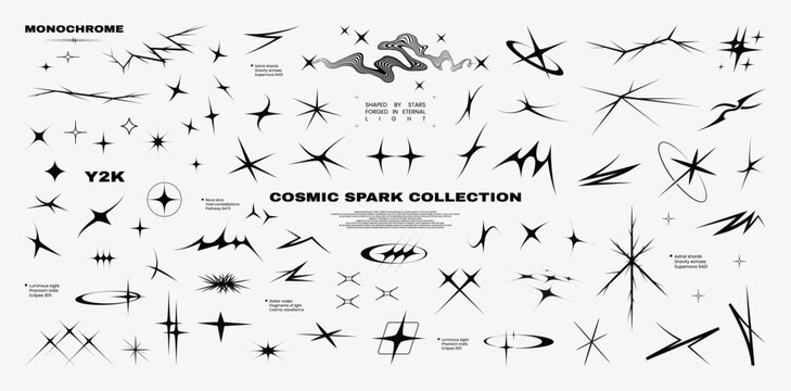 Retrofuturistic stars, sparks, flashes, flat glare in Y2K set. Retro futuristic shapes, cyber sigilism elements, space sparks. Vaporwave acid elements from 80s, 90s, 00s. Y2k stars. Vector graphic set