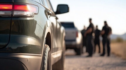 Obraz premium Vehicle Inspection at Border Crossing with Officers and Driver
