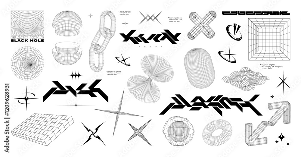 Fototapete Digital lettering with 3D universal geometric shapes, Sci-fi retro futuristic elements, Y2K style, 3D shapes wireframe and grid, y2k elements. Futuristic geometric objects. Vector graphic collection