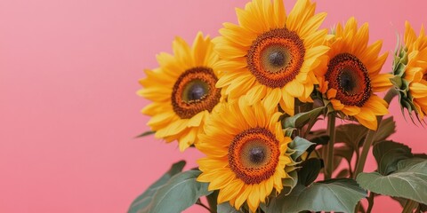 Bright yellow sunflowers with dark centers arranged on a soft pink background, featuring space for text or illustrations on a card mockup.