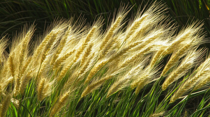 Wheat stalks gently swaying in the breeze during a sunny afternoon in a rural field