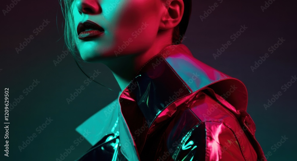 Wall mural Young caucasian female in reflective jacket with neon lighting