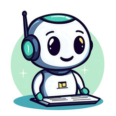 friendly cartoon robot with headphones, sitting at desk, smiling while typing on keyboard. background is soft green circle, adding cheerful vibe