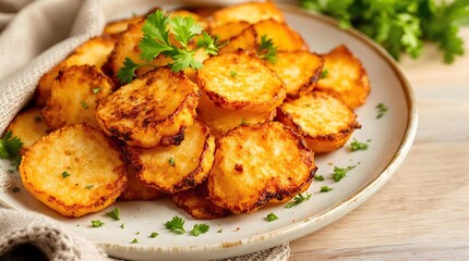Fototapeta premium Stekte Poteter Crispy Fried Potato Slices with Parsley (Norwegian Cuisine)