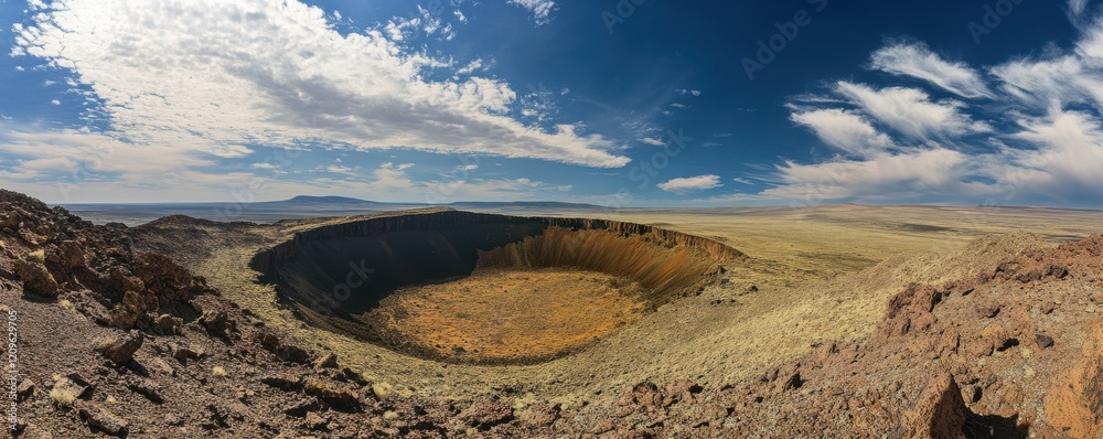 Poster a panoramic view of a hidden alien civilization nestled within a crater.