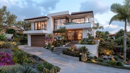 Modern coastal home, twilight view, landscaped garden, luxury real estate