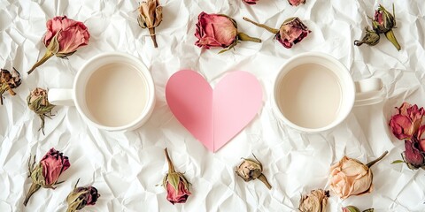 Valentine's Day theme featuring two white cups filled with light-colored liquid, a pink heart and dried roses scattered on white crumpled paper backdrop.