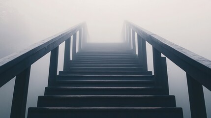Fototapeta premium Mysterious wooden staircase disappearing into dense fog.
